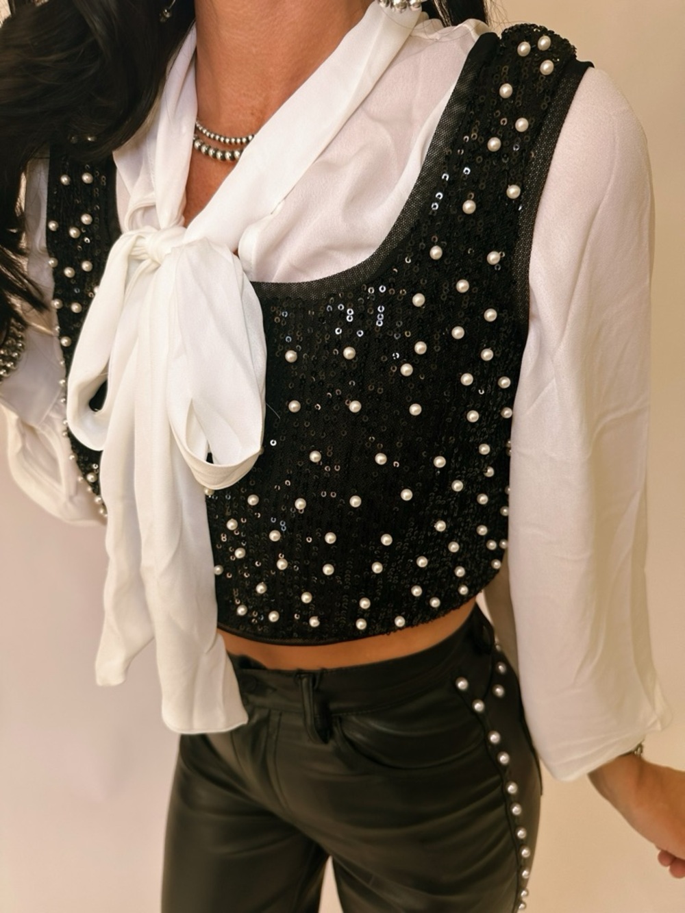Black Beaded Cropped Tank Top
